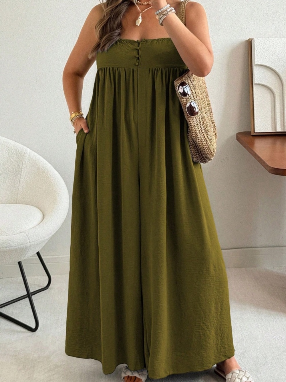 Plus Solid Button Flowy High Waisted Wide leg Jumper Jumpsuit - Picture 11 of 12
